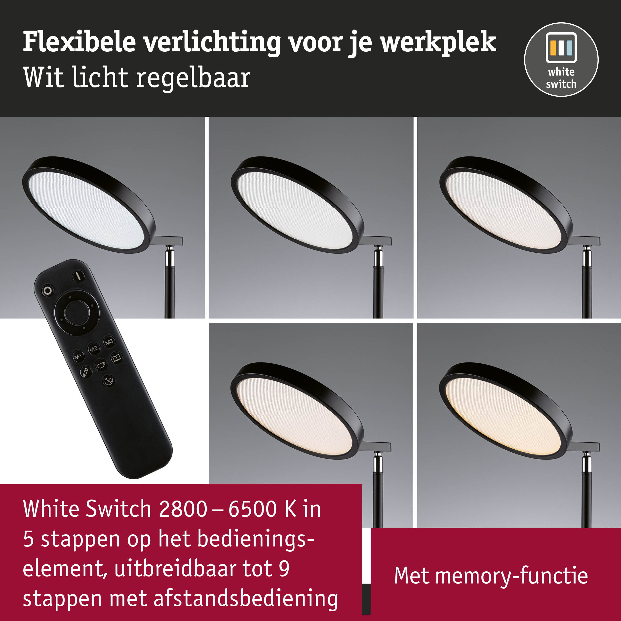 Zwarte LED-bureaulamp met dimbaar wit licht en afstandsbediening voor flexibele werkplekverlichting