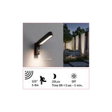 Schwarze LED-Außenwandleuchte mit Bewegungsmelder und 120° Erfassungswinkel für Gartenbeleuchtung.