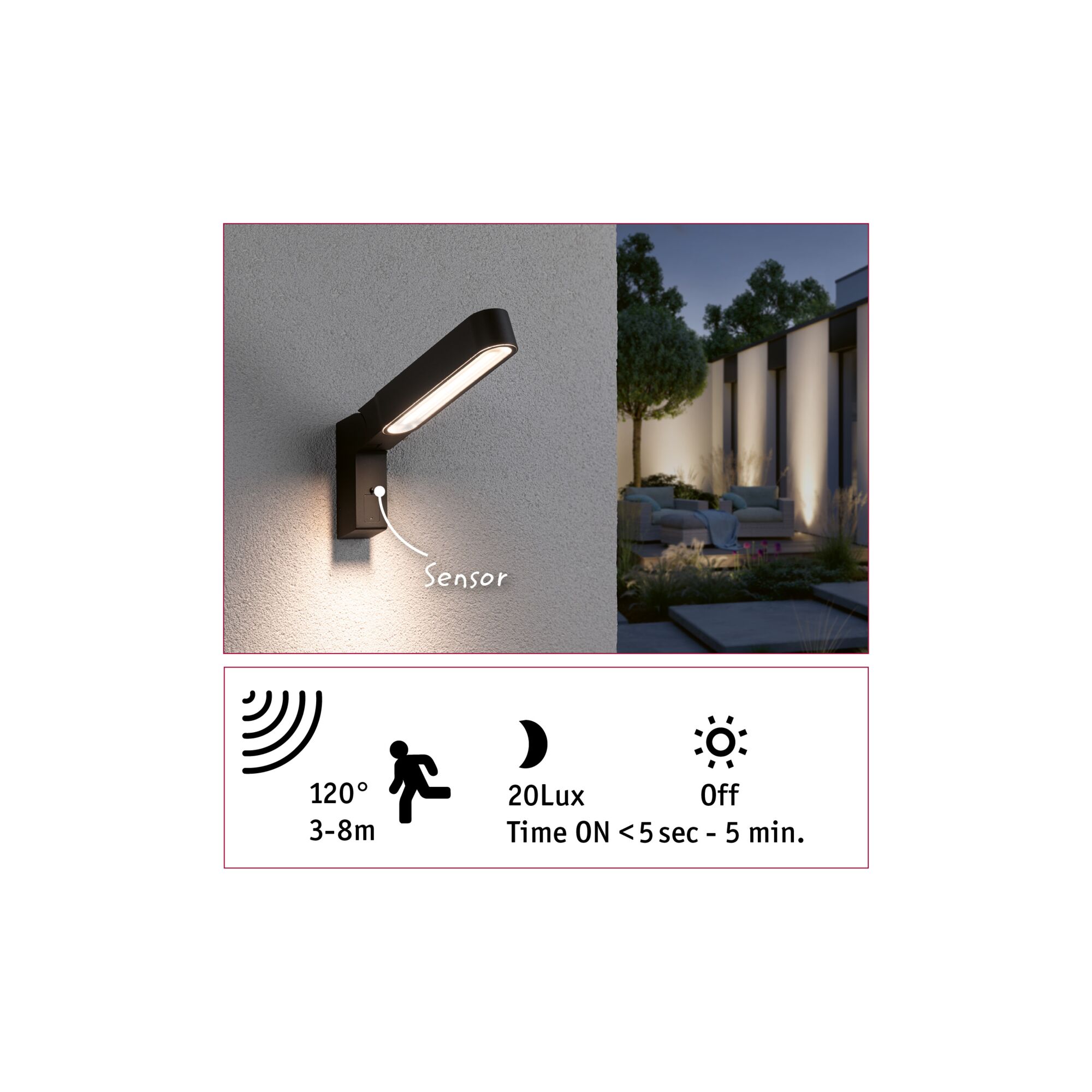 Black LED outdoor wall light with motion sensor and 120° detection angle for garden lighting.