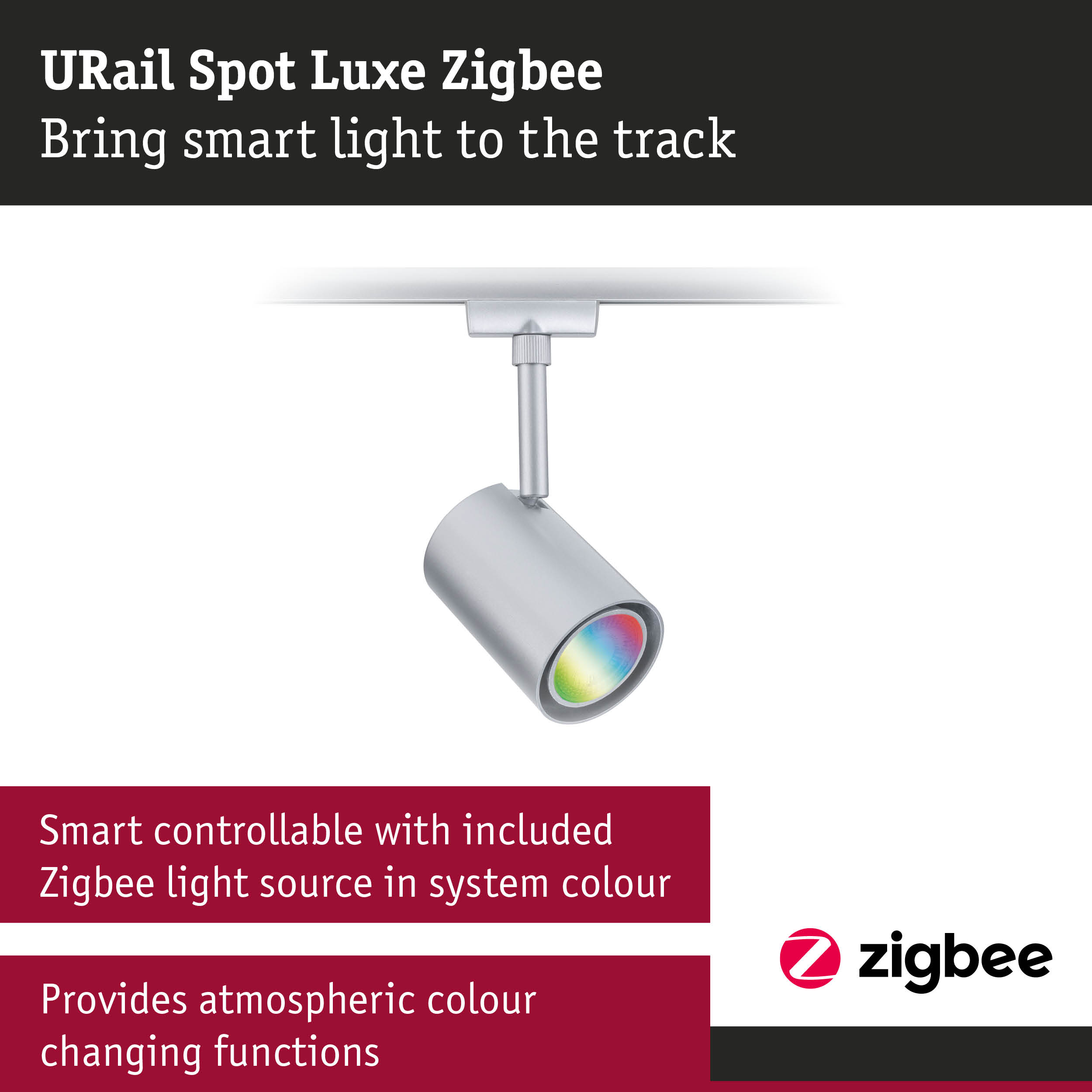 URail Spot Luxe Zigbee silver track spotlight with smart Zigbee light source and color changing LED