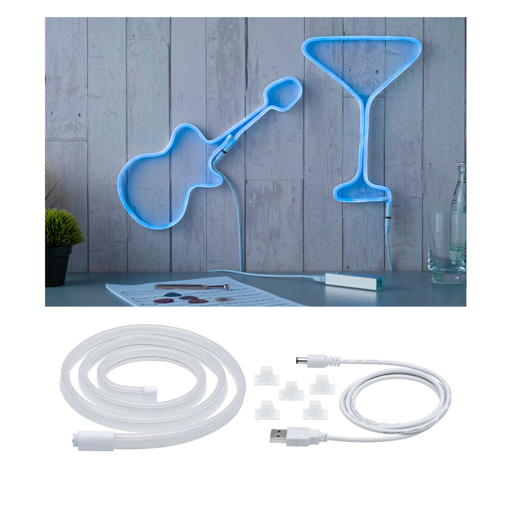 USB LED Strip Neon Colorflex Blau 1m 4,5W 10lm/m 120 LEDs/m Blau leuchtendes LED-Neonlicht in Gitarren- und Cocktailglasform mit USB-Kabel und Befestigungen