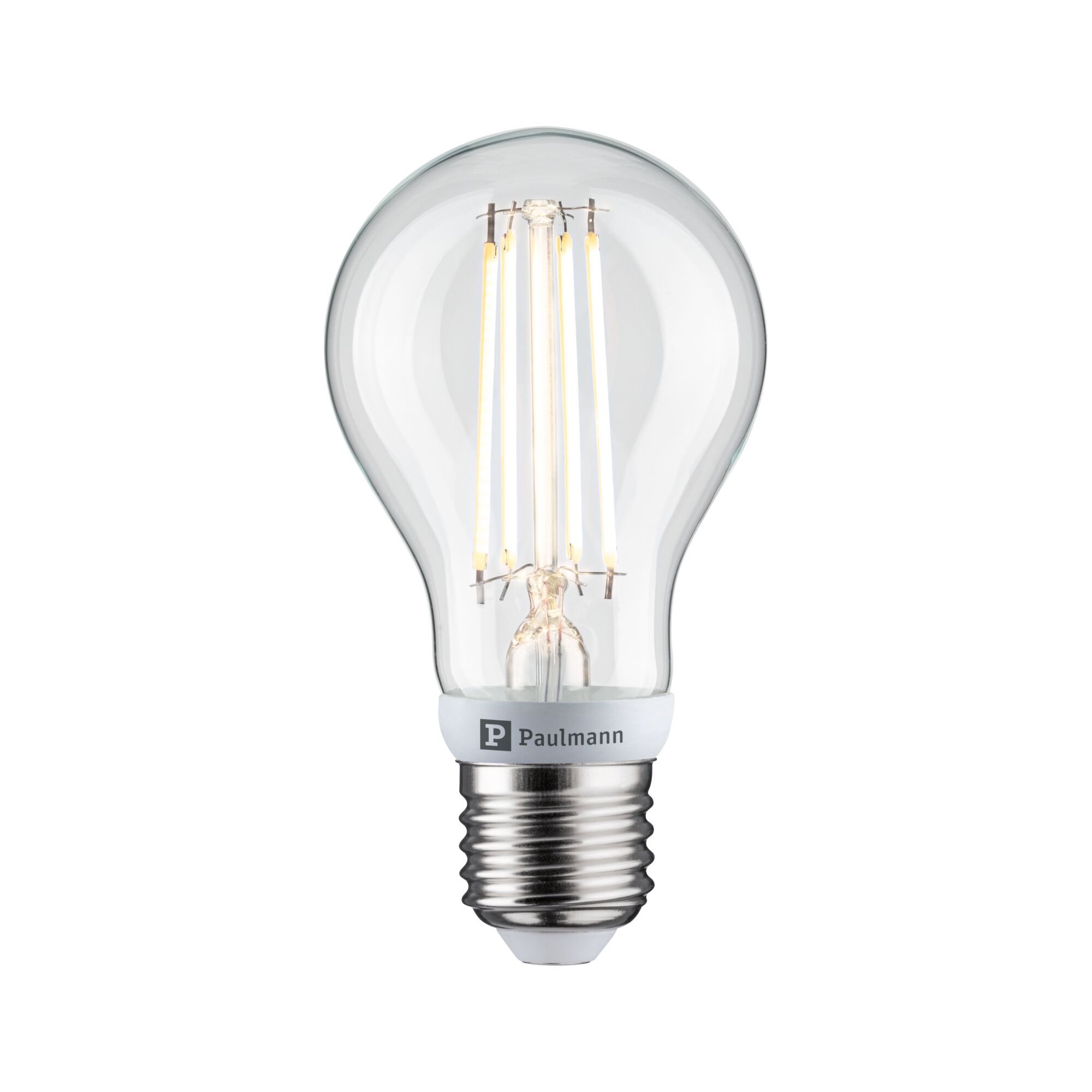 Clear glass LED bulb with E27 base and visible filaments for energy-efficient lighting solutions