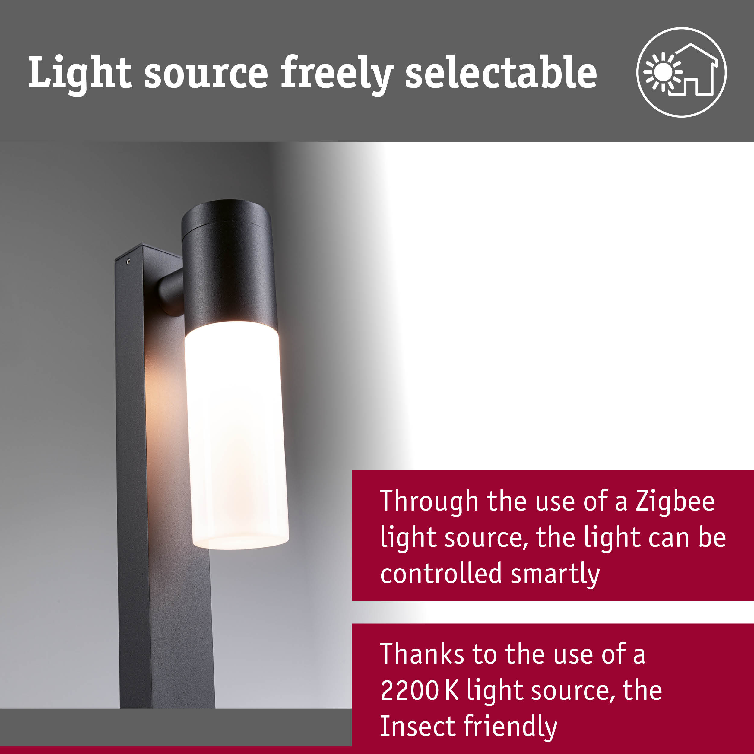 Black metal outdoor wall light with white glass, dimmable and smart control feature