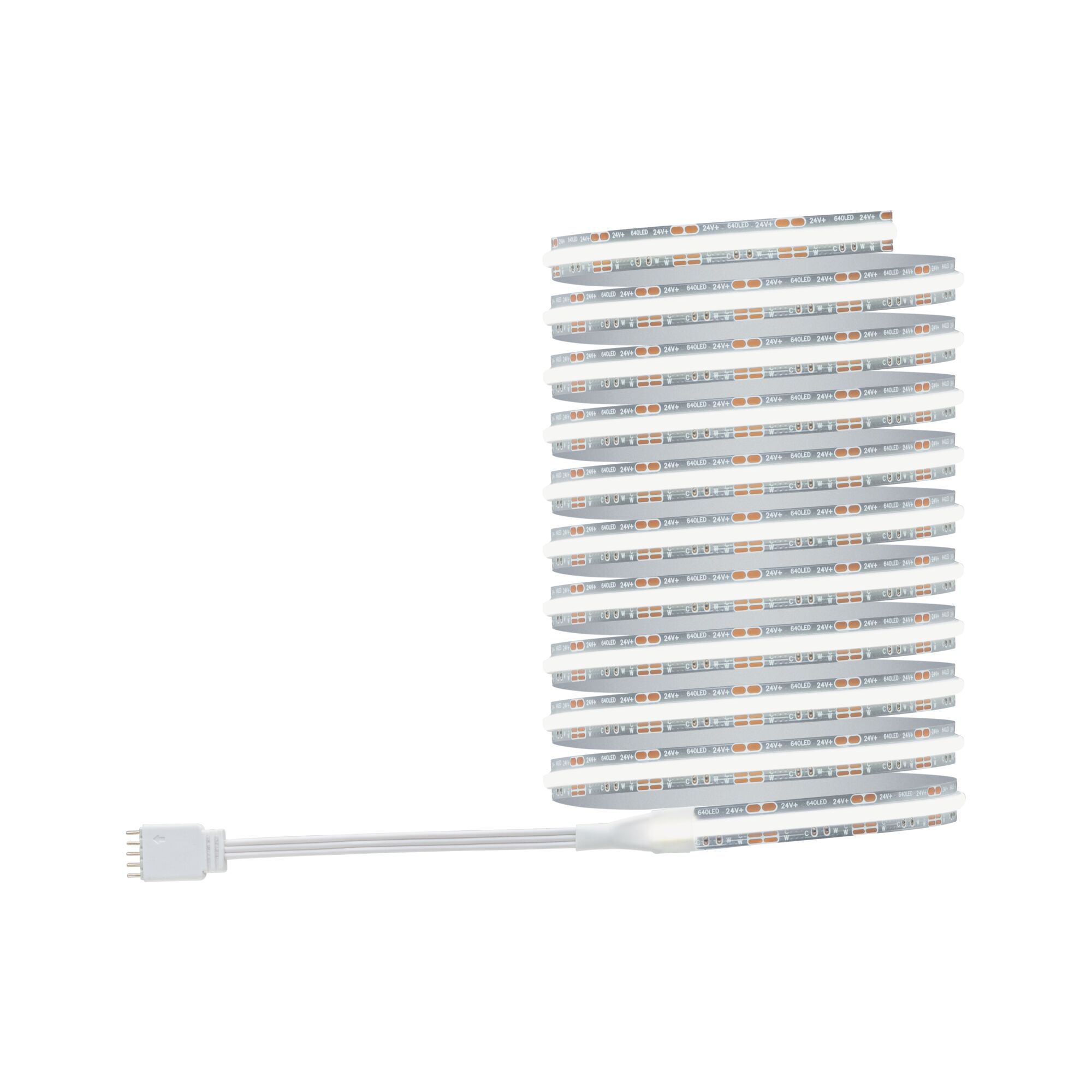 Flexible LED strip with white cable and 24V connector for modern indoor lighting accents