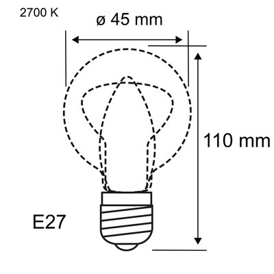 Technische tekening van een E27 LED-lamp met 45 mm diameter en 110 mm lengte, 2700 K kleurtemperatuur