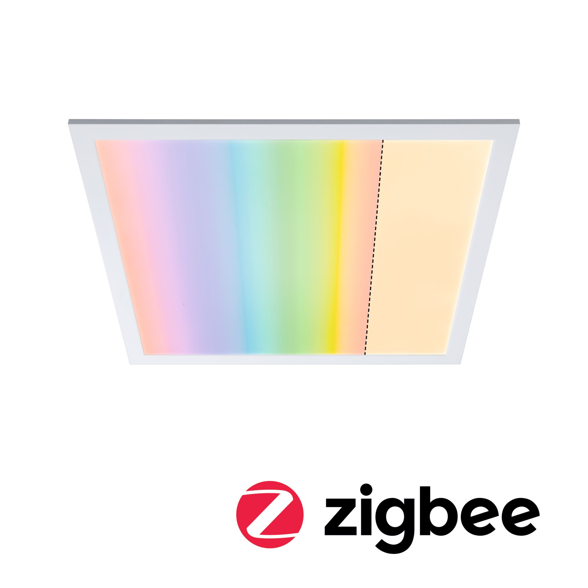 Quadratische LED-Deckenleuchte mit weißem Rahmen und mehrfarbiger Lichtsteuerung per Zigbee