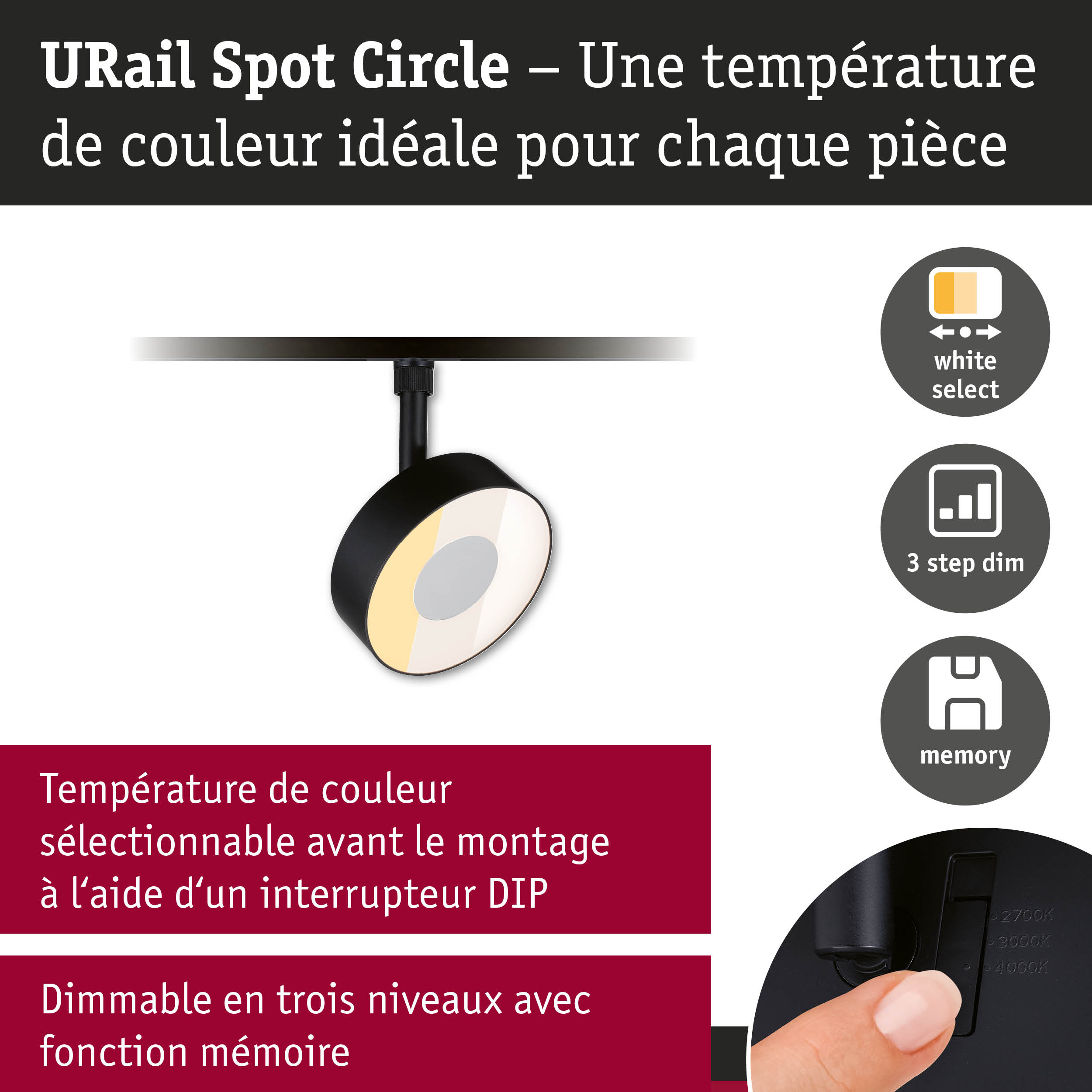 Spot URail Circle noir avec température de couleur réglable et fonction mémoire à 3 niveaux