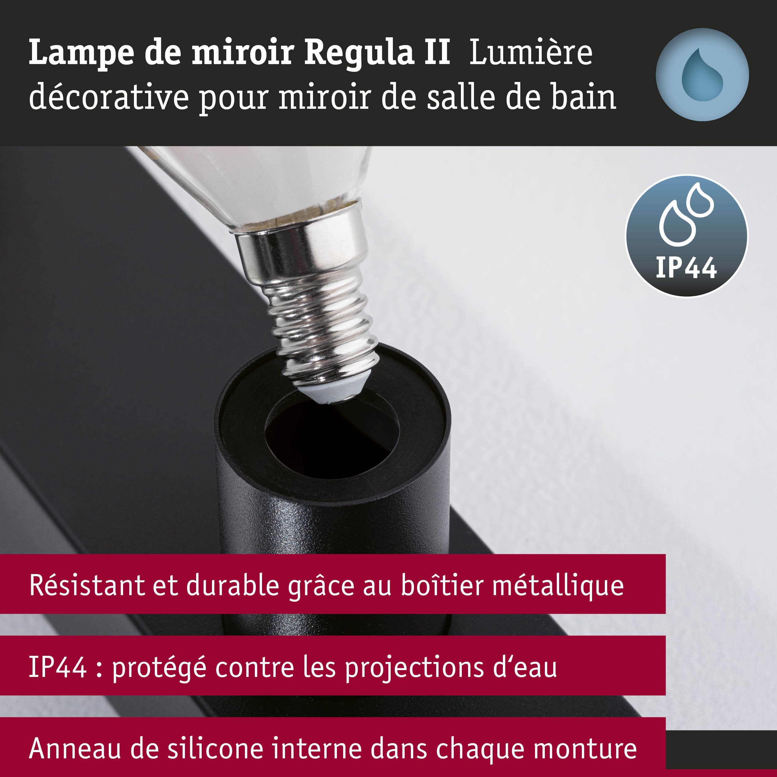 Kit Éclairage de miroir Regula II ampoules incluses 4-flammes IP44 E14 2700K 4x470lm 230V 4x4,5W gradable Noir/Calotte réflectrice en noir mat