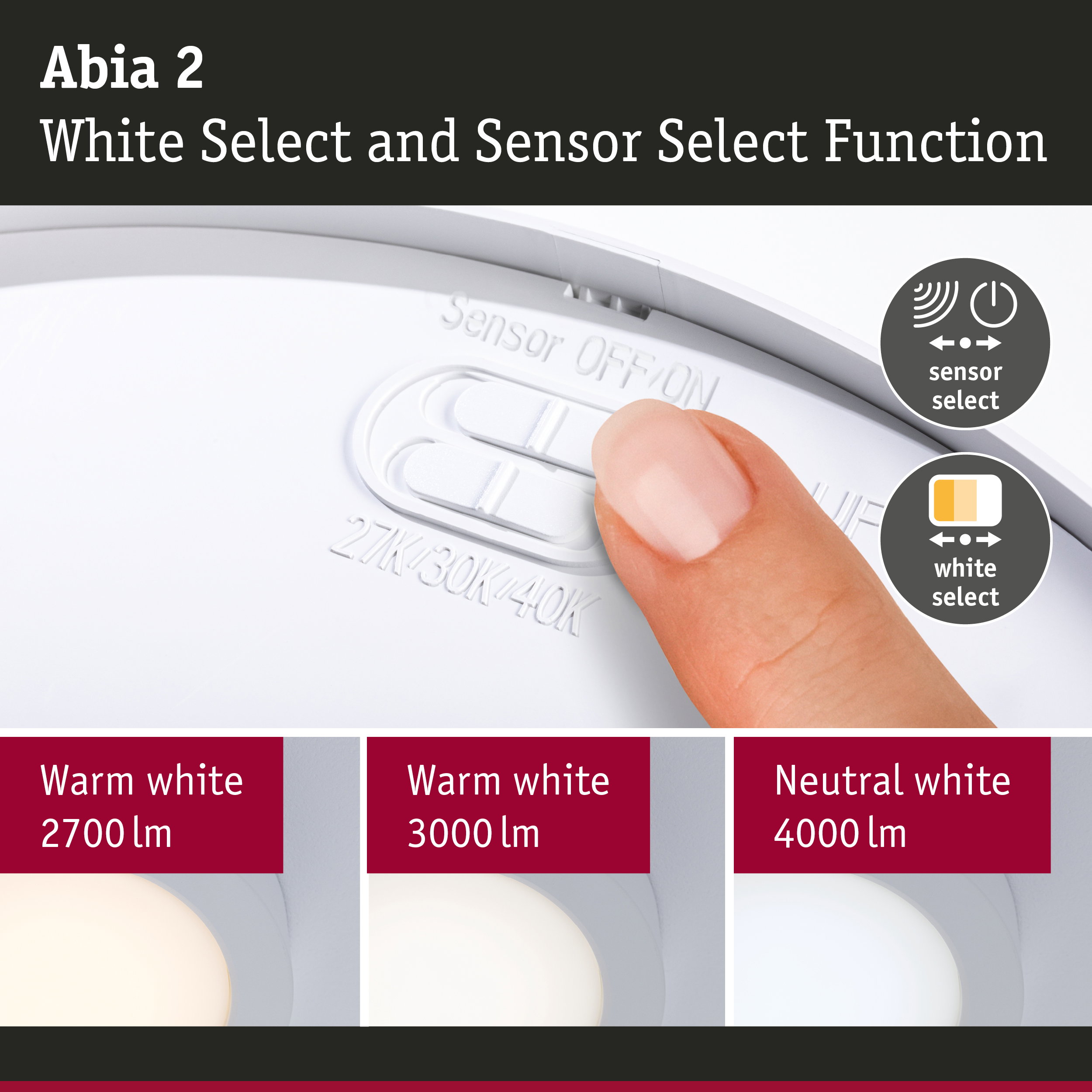 LED Panel Abia 2 White Select Twilight-controlled motion detector (HF) round 170mm 9,5W 1100lm 2700 - 4000K White