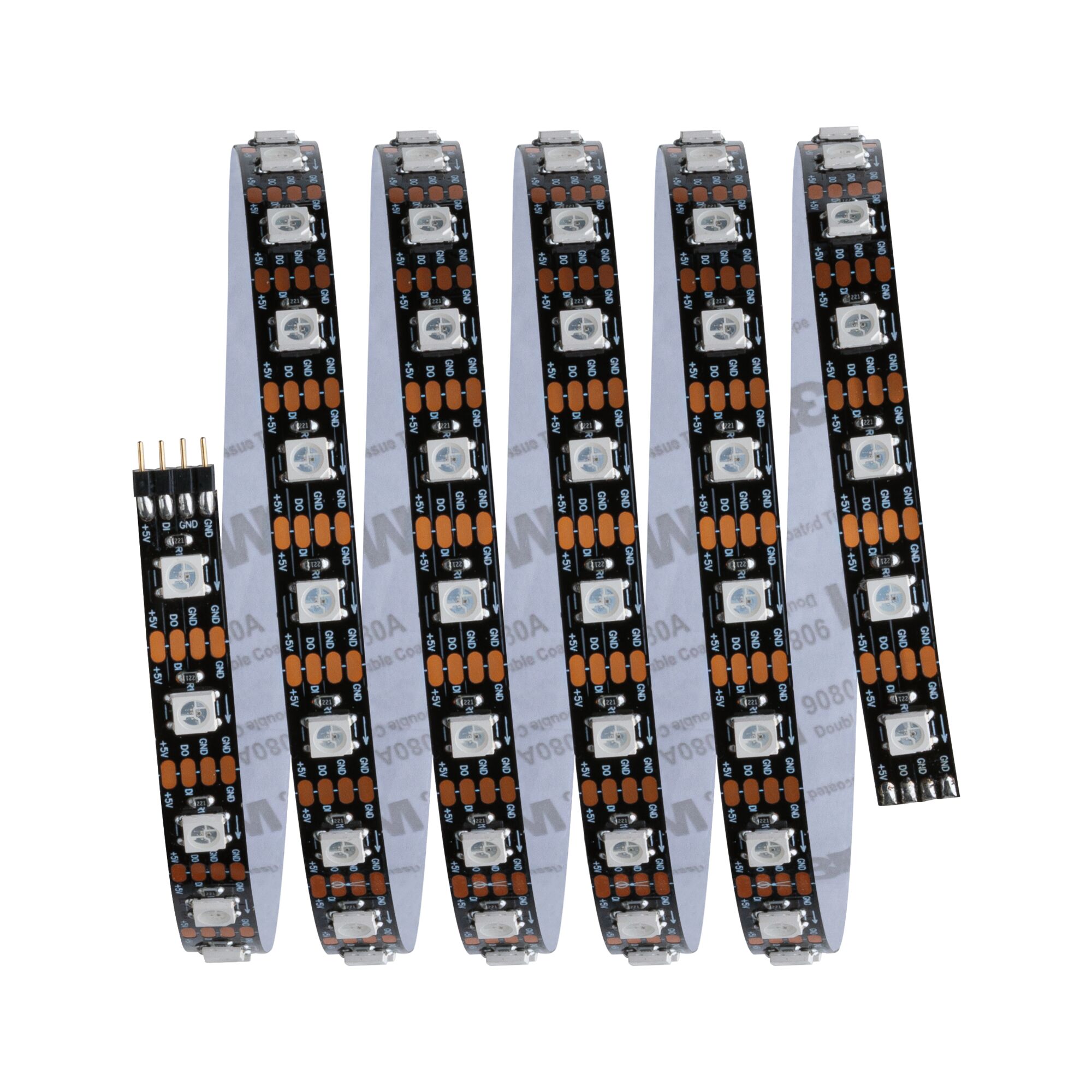 Schwarzes LED-Lichtband mit weißen LEDs und Kupferkontakten für flexible Beleuchtungslösungen.