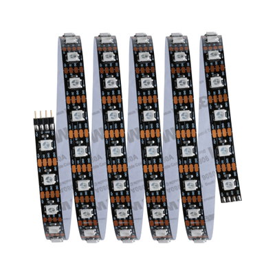 Five black LED strips with white LEDs and copper contacts for flexible lighting solutions