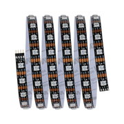 Five black LED strips with white LEDs and copper contacts for flexible lighting solutions