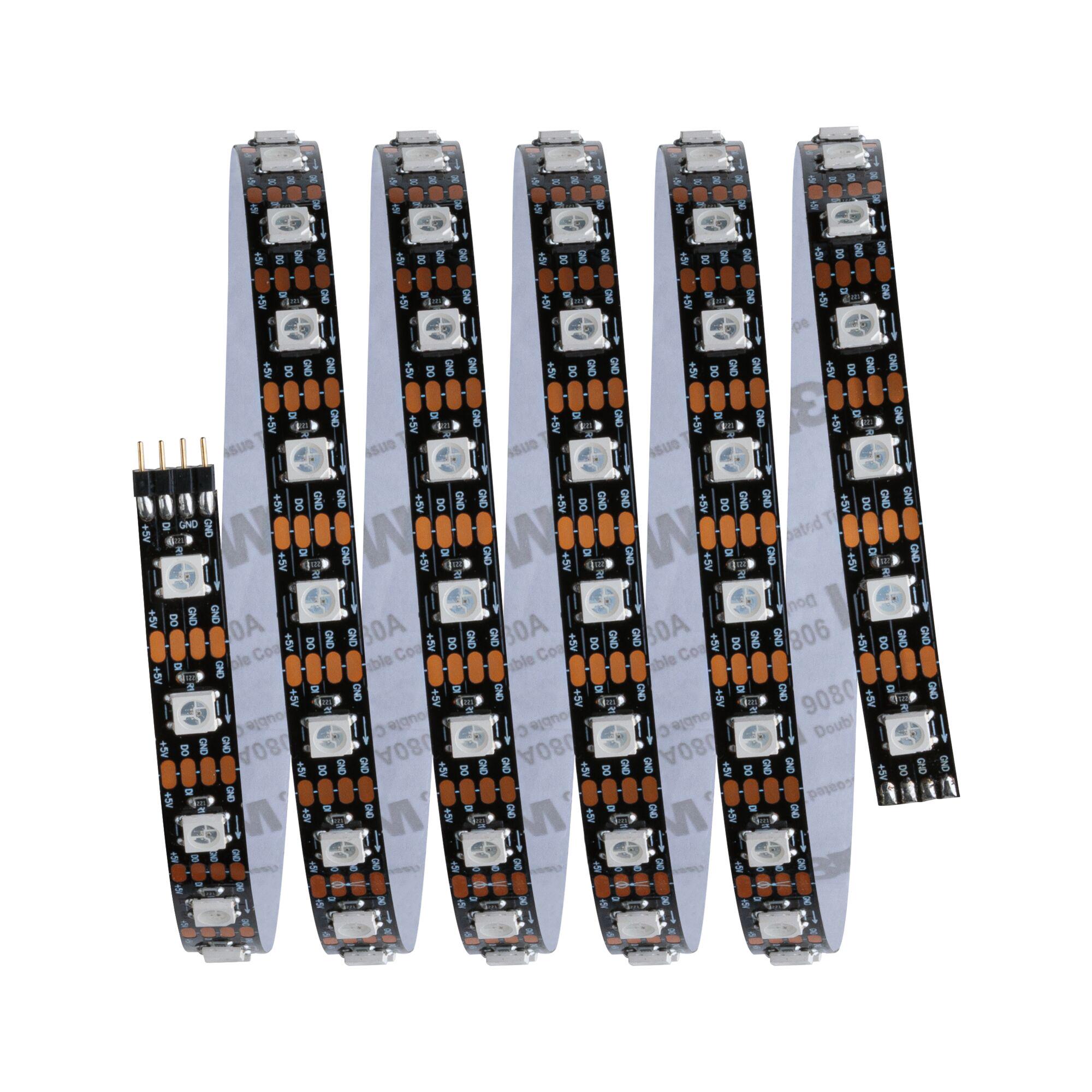 Five black LED strips with white LEDs and copper contacts for flexible lighting solutions