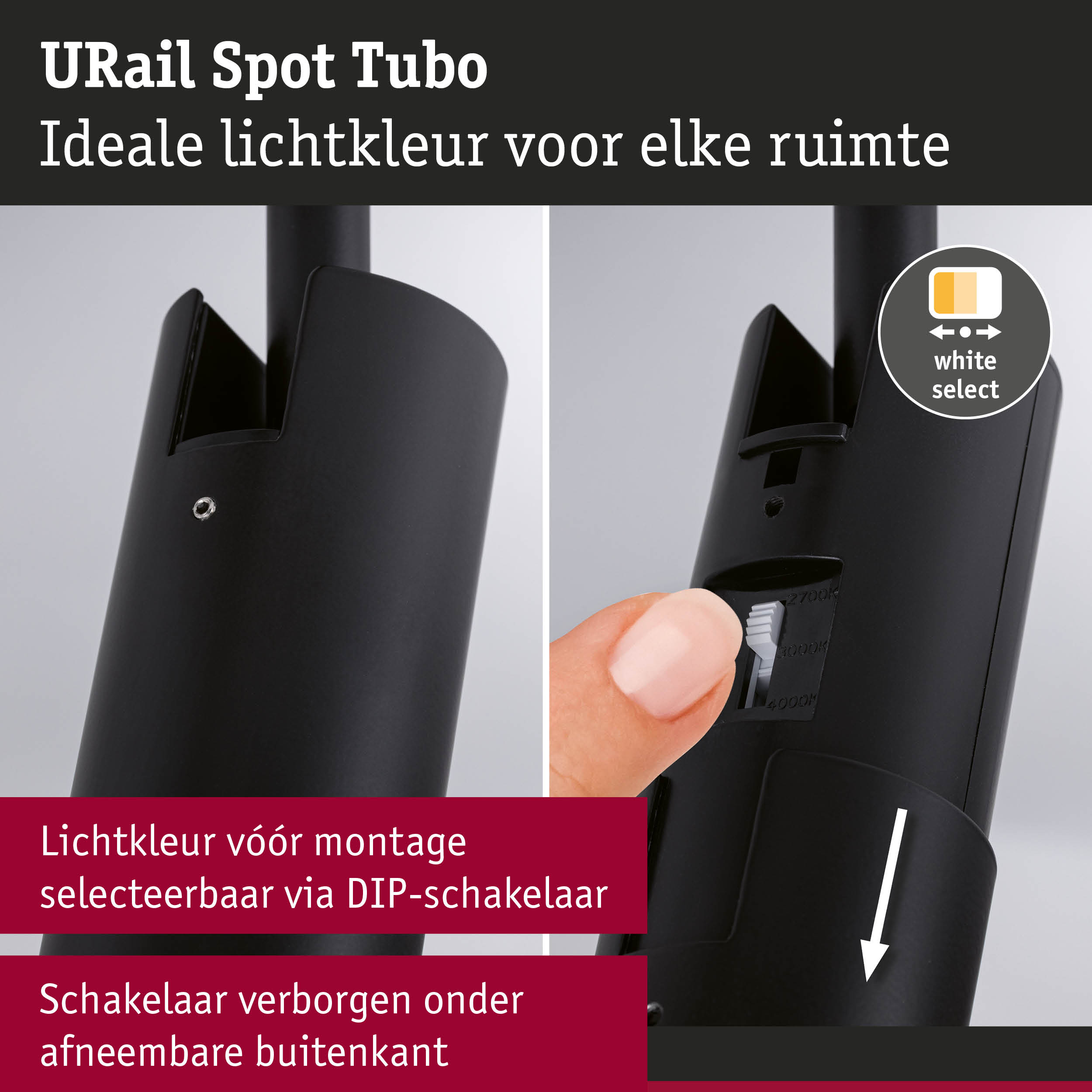 Zwarte URail Spot Tubo spot met instelbare DIP-schakelaar voor LED-lichtkleurselectie