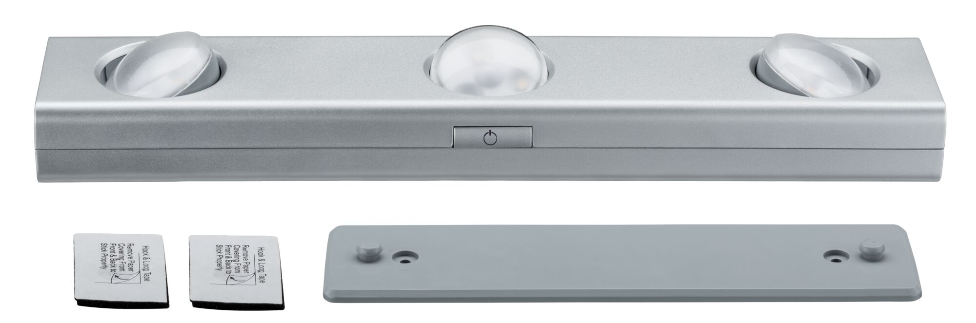 Silver LED light with three adjustable lenses and mounting accessories made of plastic and metal