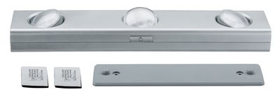 Silver LED light with three adjustable lenses and mounting accessories made of plastic and metal