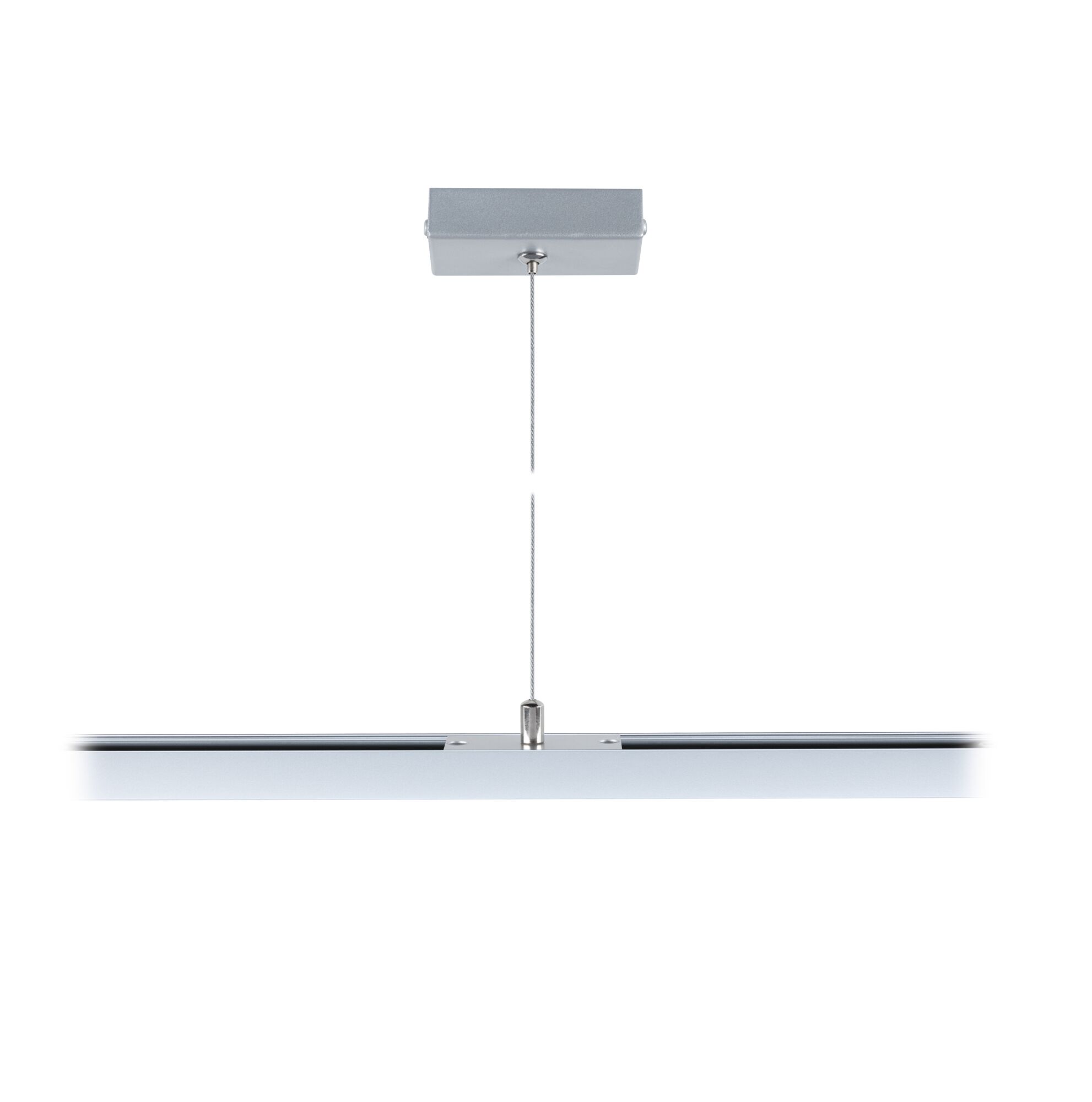Modern silver aluminum ceiling mount with steel cable for LED pendant light, minimalist design