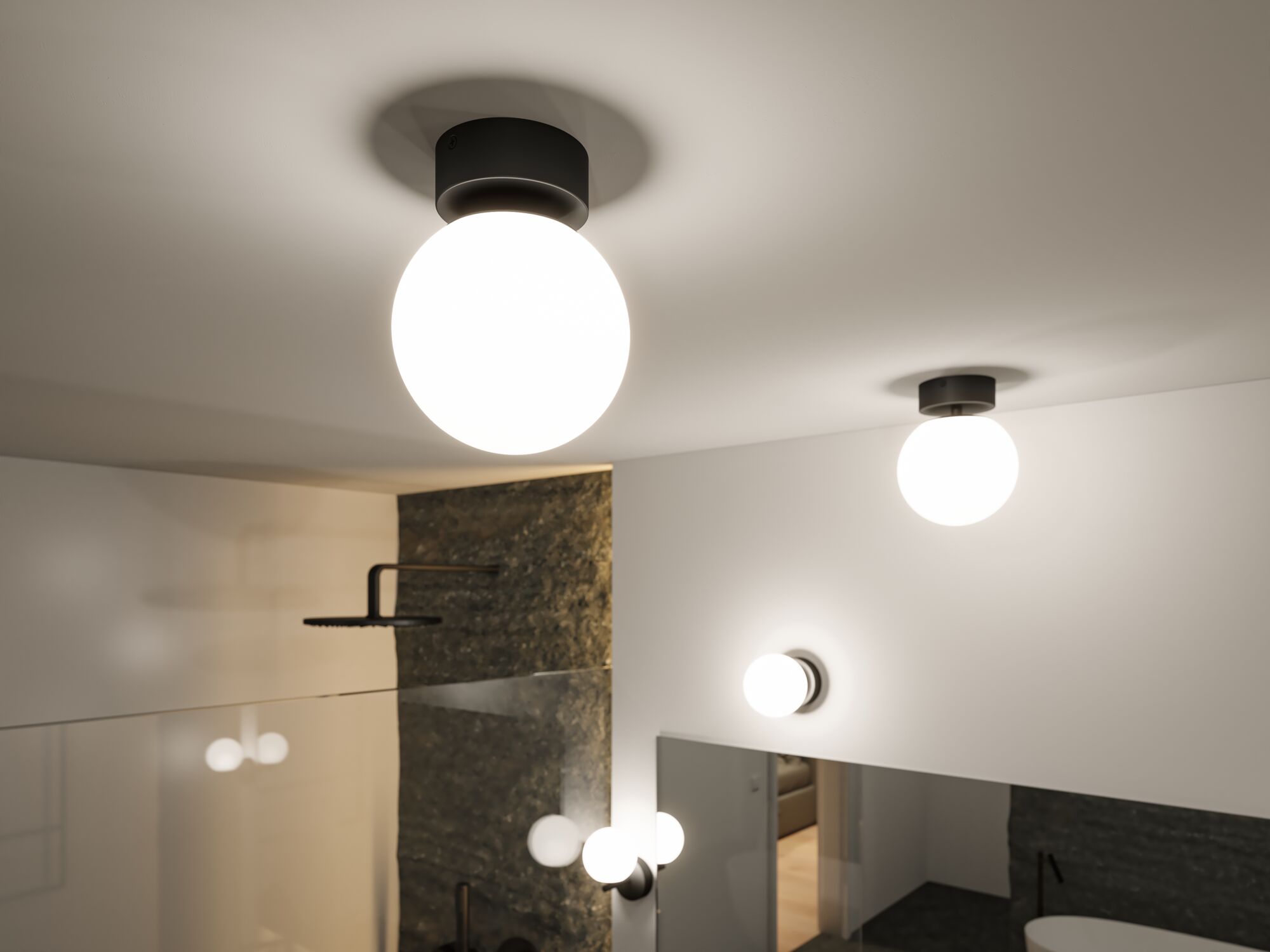 Moderne runde Deckenleuchten mit mattschwarzem Sockel und weißem Glas in stilvollem Badezimmer.
