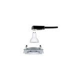 Quadratischer Einbaustrahler aus Aluminium in Silber mit weißer GU10 LED-Lampe und Anschlusskabel
