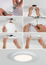 Step-by-step installation of white LED ceiling light with plastic frame and metal mounting bracket.