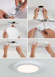 Stapsgewijze montage van witte LED-plafondlamp met metalen beugel en elektrische bedrading