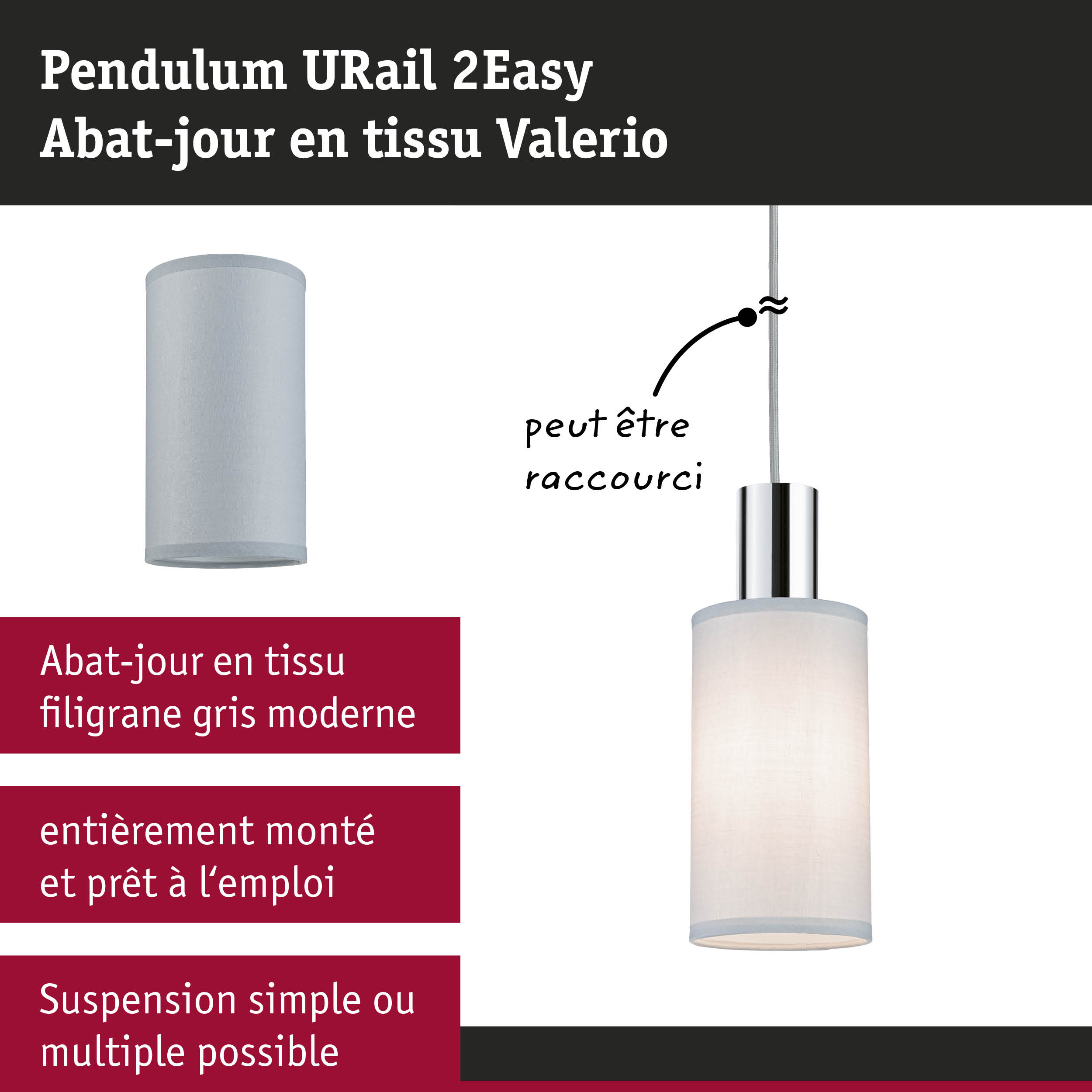 Suspension URail 2Easy avec abat-jour en tissu Valerio gris et métal chromé pour éclairage intérieur moderne