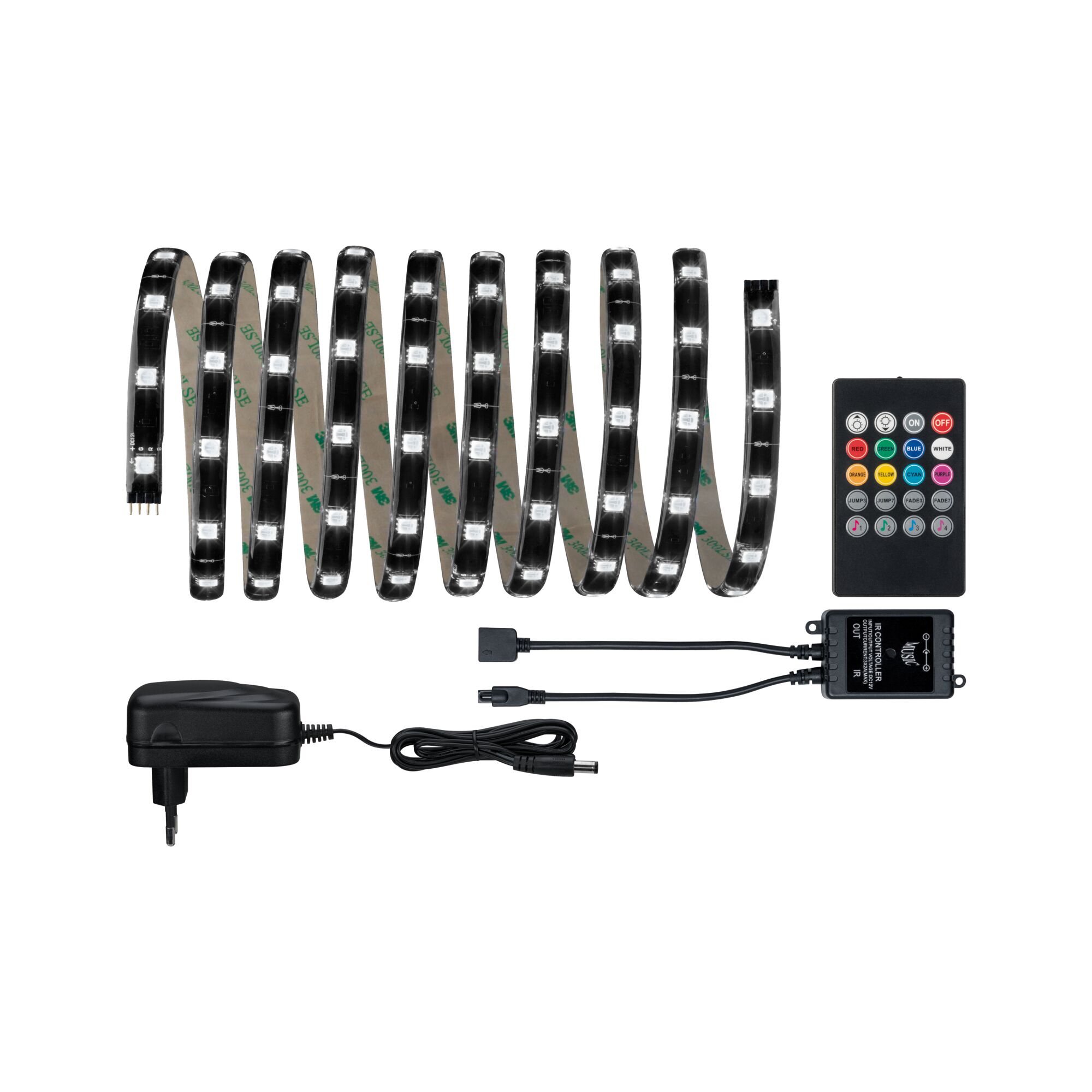 Black LED strip light with remote and power adapter for flexible color lighting and decoration.