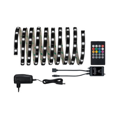 LED-Lichtband mit Fernbedienung und Netzteil in Schwarz für flexible Farbbeleuchtung und Deko.