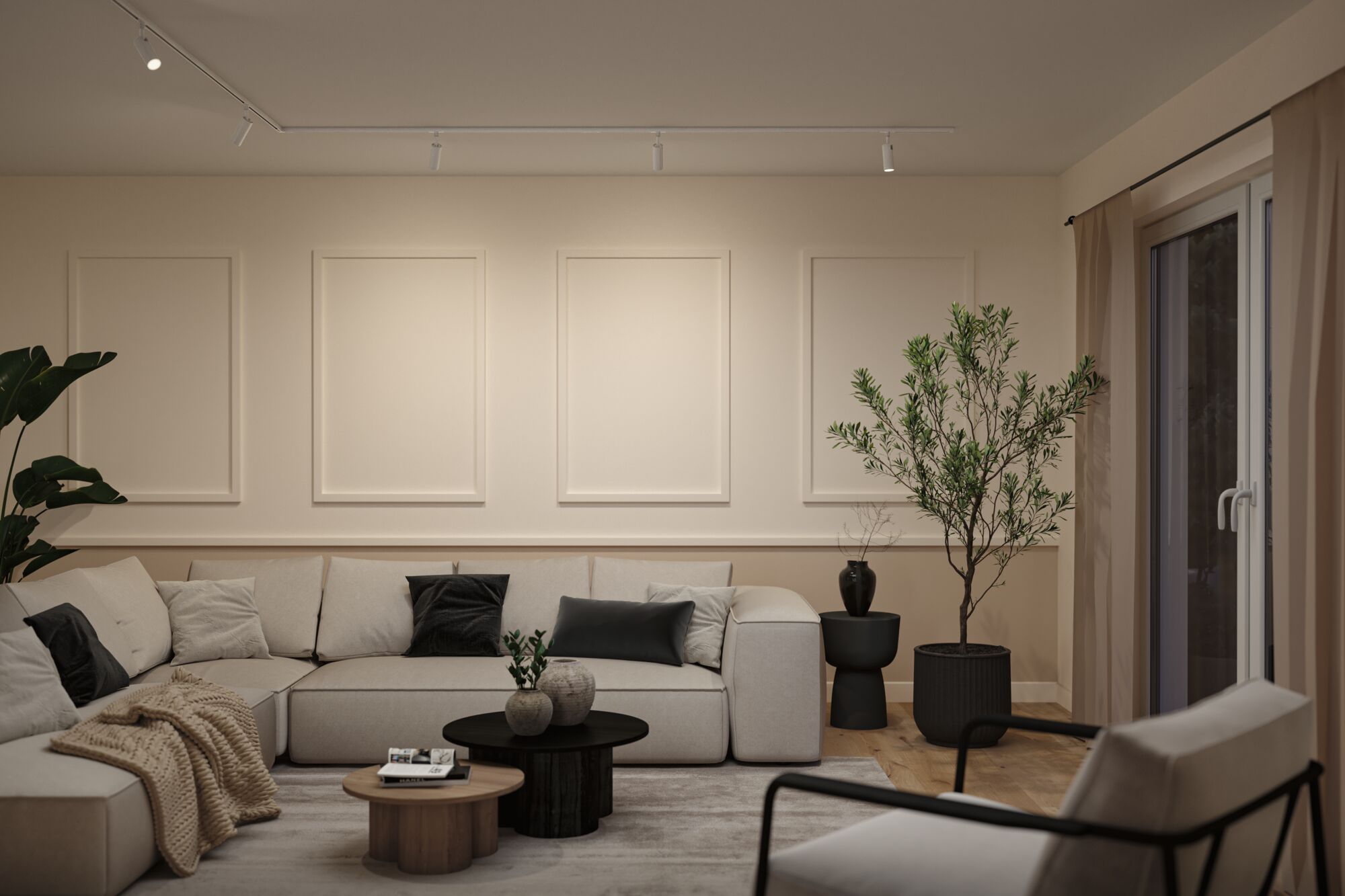 Modern living room with beige sofa, black accents, and minimalist ceiling lights creating a cozy atmosphere