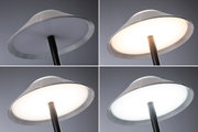 Vier Ansichten einer runden LED-Stehleuchte mit schwarzem Stiel und dimmbaren Lichtfarben von warm bis kaltweiß