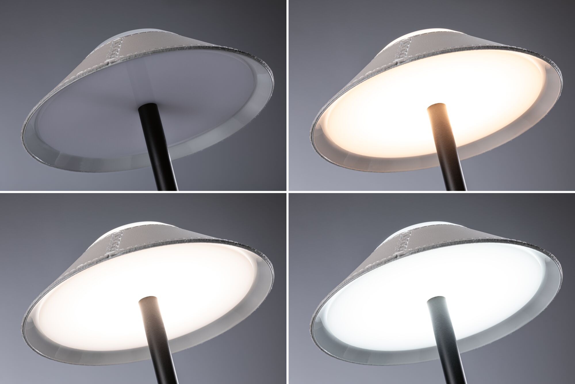 Vier Ansichten einer runden LED-Stehleuchte mit schwarzem Stiel und dimmbaren Lichtfarben von warm bis kaltweiß