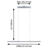 Moderne zilverkleurige metalen LED-hanglamp met verstelbare hoogte en duidelijke afmetingen voor woonruimtes