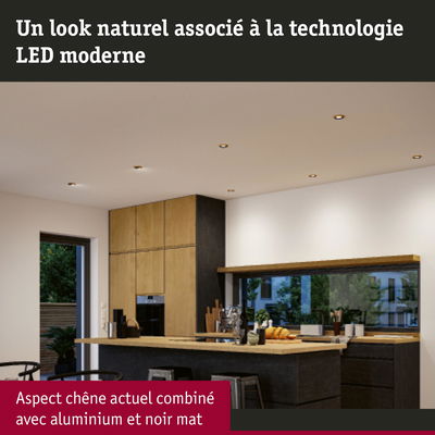 Cuisine moderne avec éclairage LED encastré, aspect chêne, aluminium et noir mat