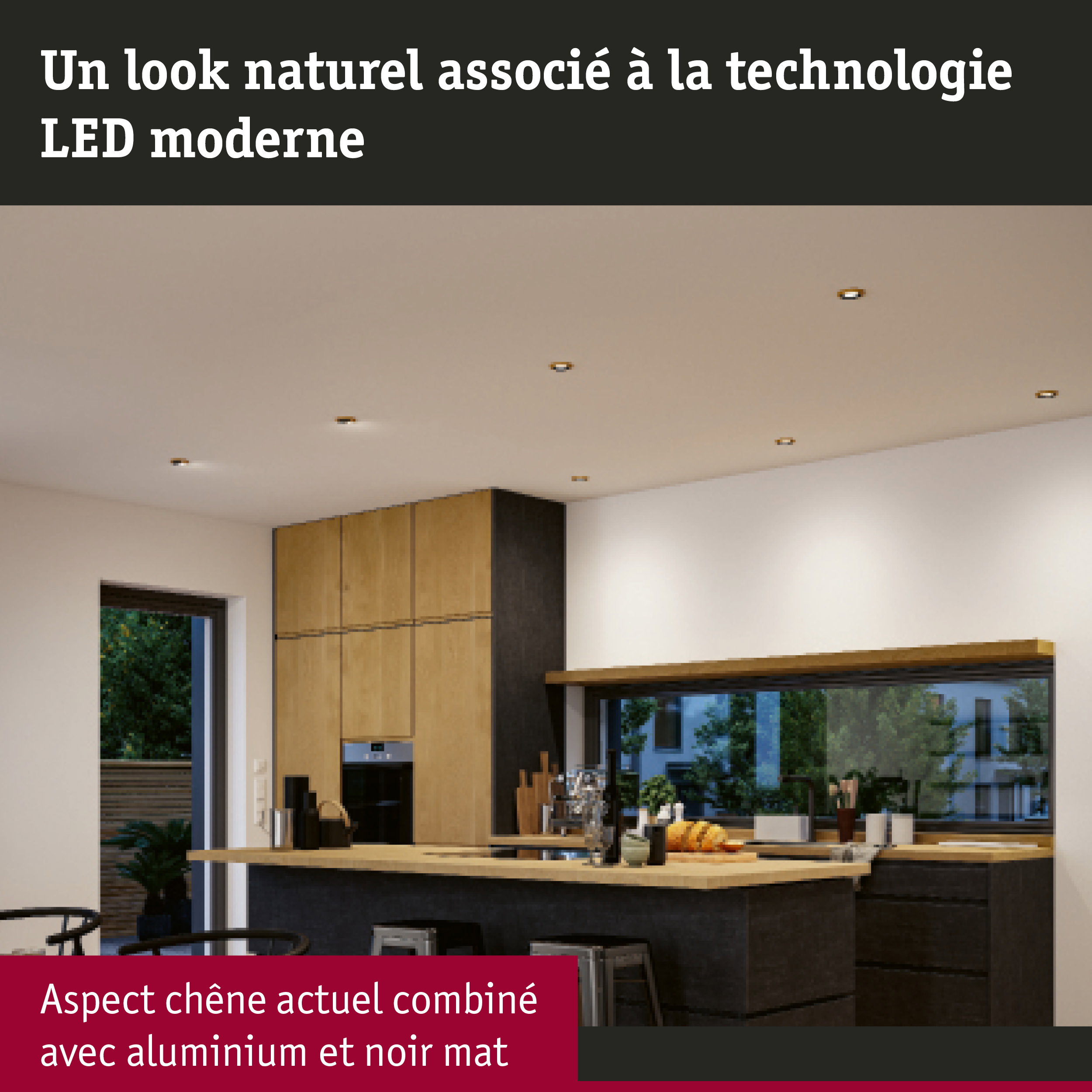 Cuisine moderne avec spots LED encastrés aspect bois combiné avec aluminium et noir mat