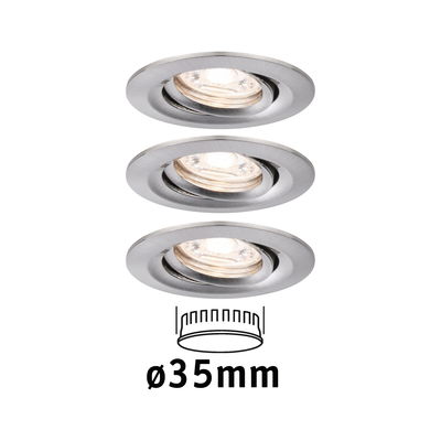 Drie ronde inbouwspots van geborsteld aluminium met 35 mm diameter voor LED-verlichting