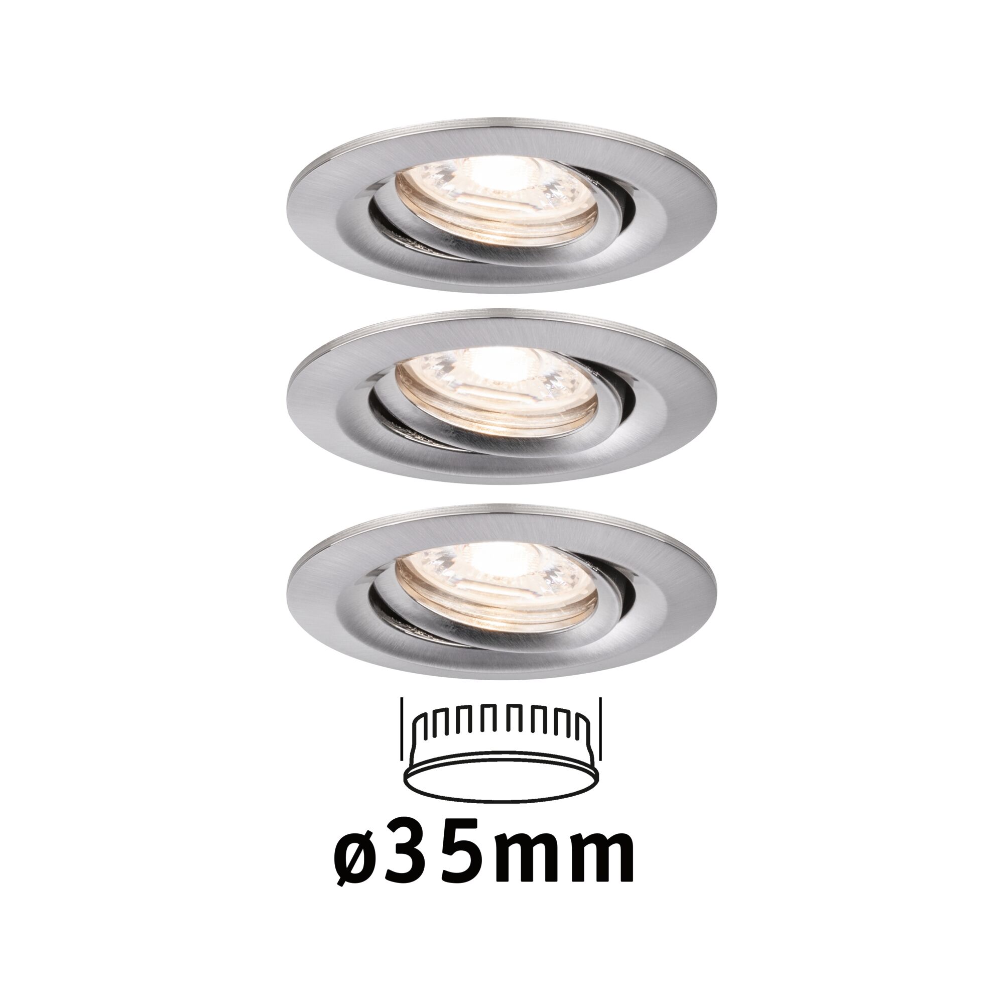Drie ronde inbouwspots van geborsteld aluminium met 35 mm diameter voor LED-verlichting