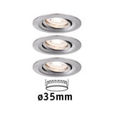 Tre runde indbygningsspots i børstet aluminium med 35 mm diameter til LED-belysning