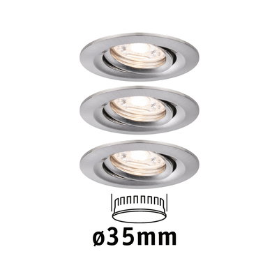Drei runde Einbaustrahler aus gebürstetem Aluminium mit 35 mm Durchmesser für LED-Beleuchtung