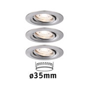 Tre runde indbygningsspots i børstet aluminium med 35 mm diameter til LED-belysning