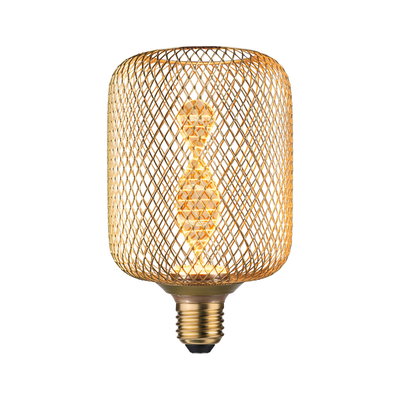 Gold LED bulb with decorative wire mesh and warm light for stylish indoor lighting