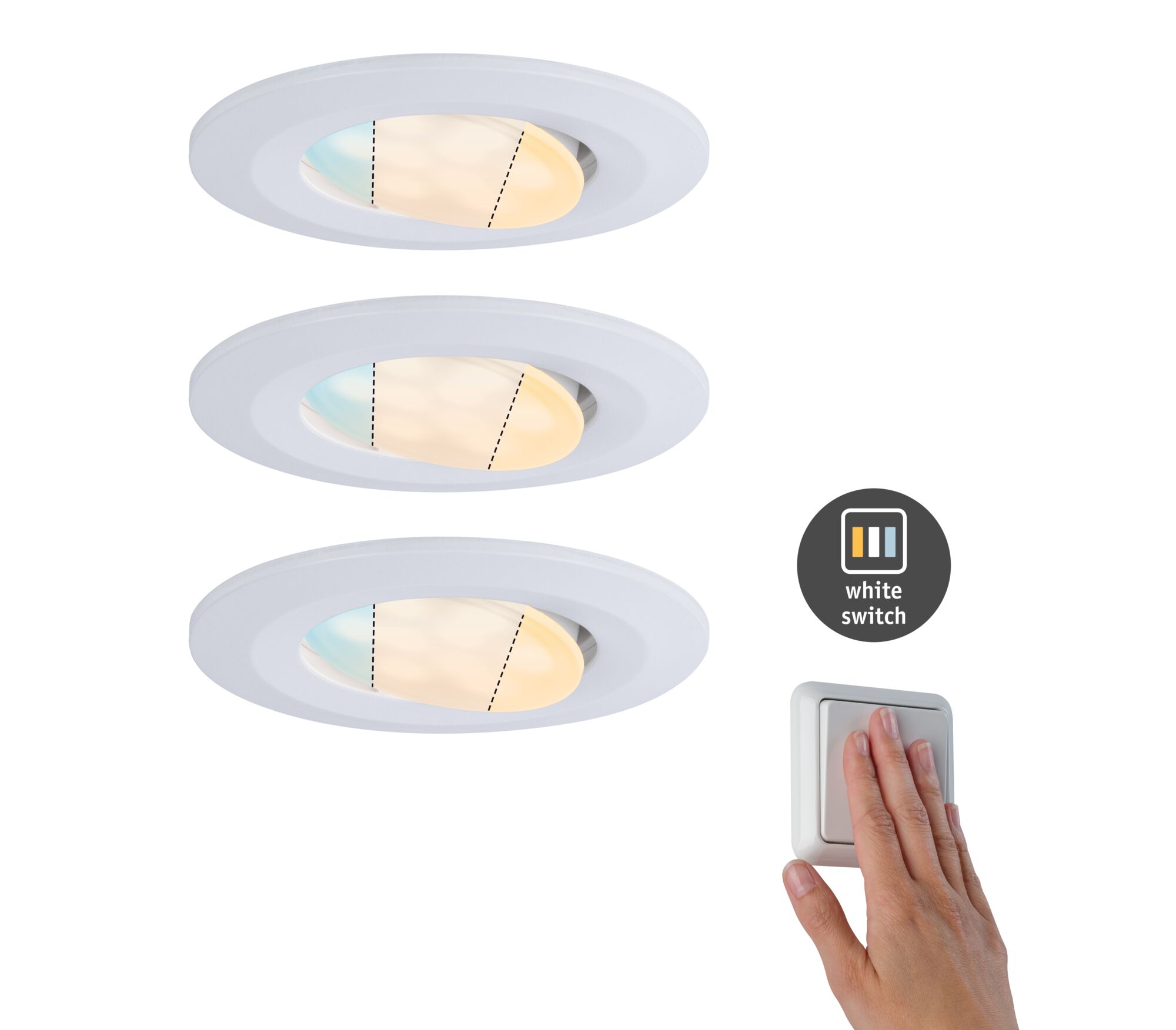 Three white LED recessed lights with adjustable color temperature and hand on white wall switch.