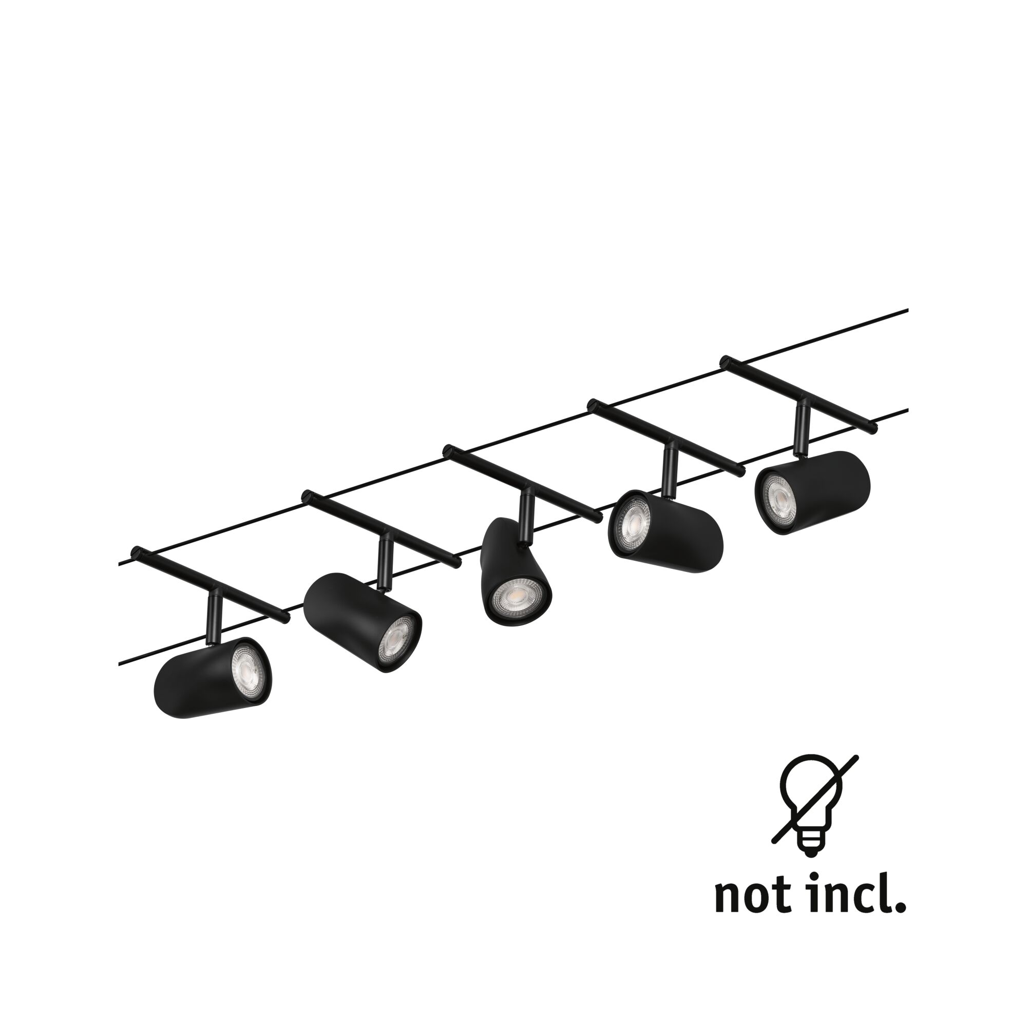 Black metal LED cable system with five adjustable spotlights, bulbs not included.