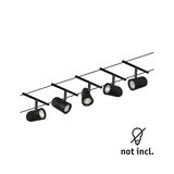 Black metal LED cable system with five adjustable spotlights, bulbs not included.