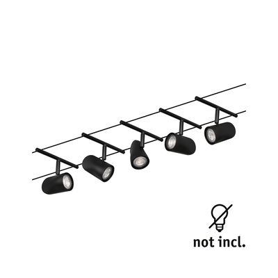 Black metal LED cable system with five adjustable spotlights, bulbs not included.
