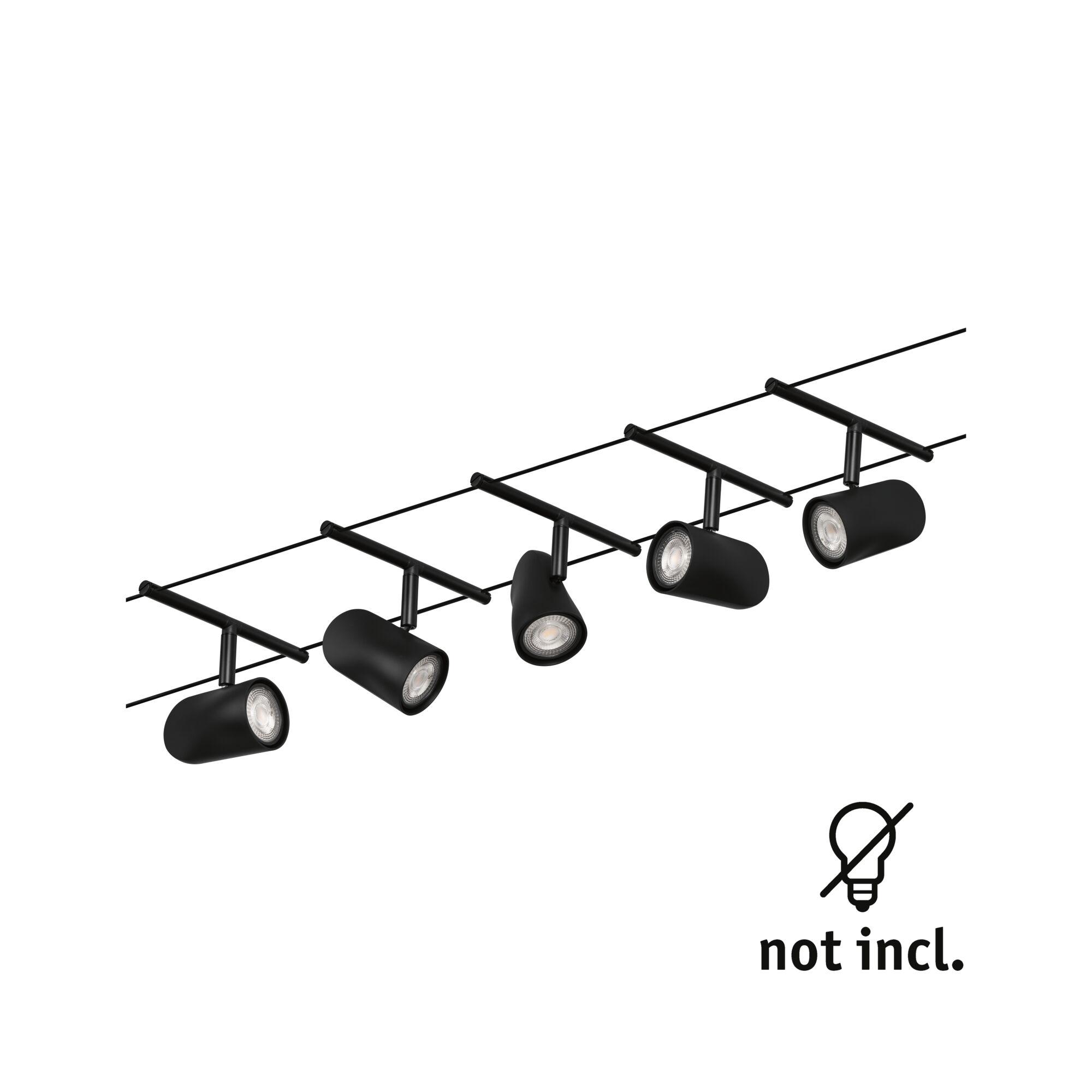 Black metal LED track light with five adjustable spotlights for modern interior lighting solutions