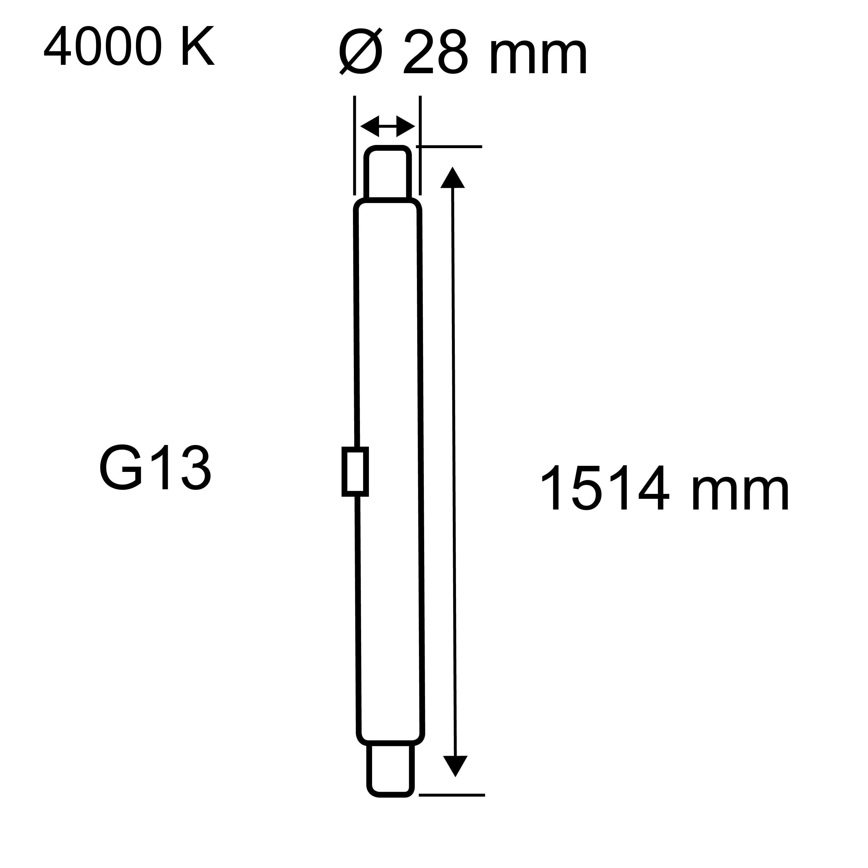 Technische tekening van G13 fluorescentiebuis van 1514 mm lengte en 28 mm diameter
