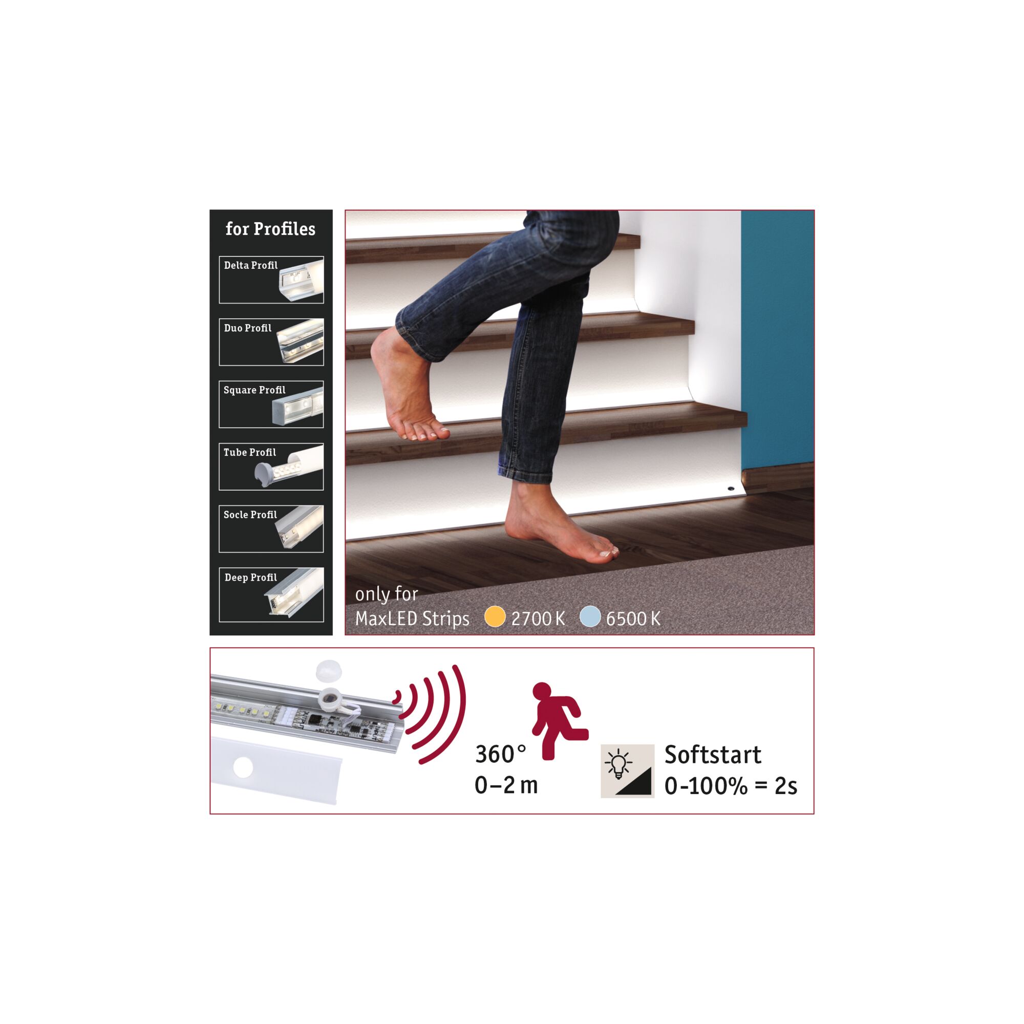 LED stair lighting with motion sensor and soft start for MaxLED strips in warm and cool white.
