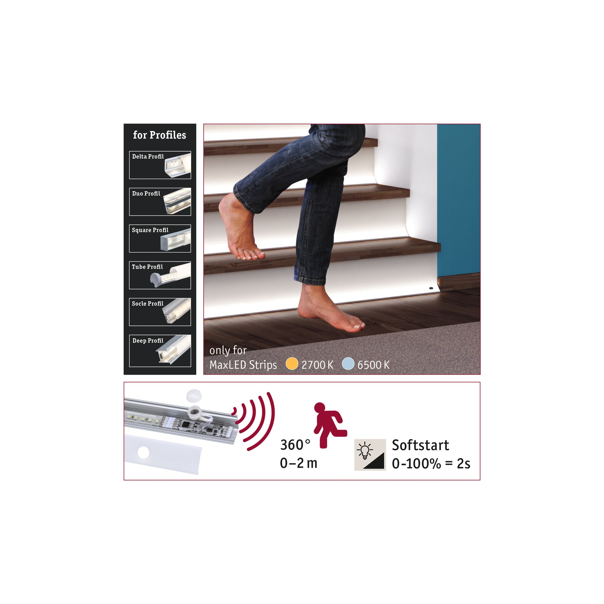 LED stair lighting with white aluminium profile and warm white light for wooden steps