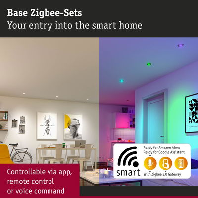 Smart Home Zigbee set with app and voice control showing colorful LED lighting in modern living room