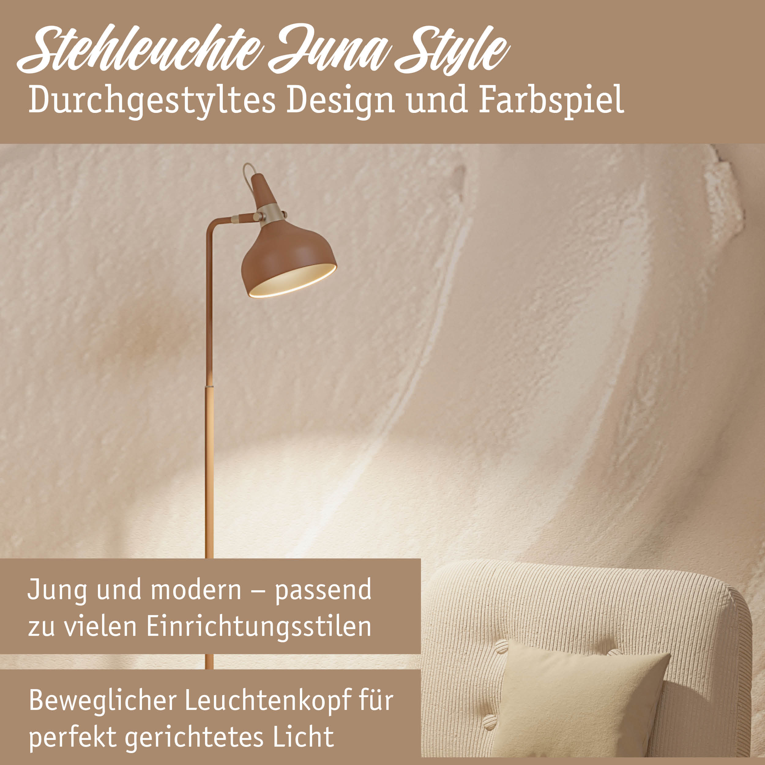 Stehleuchte Juna Style in Braun mit beweglichem Leuchtenkopf für gerichtetes Licht im Wohnzimmer